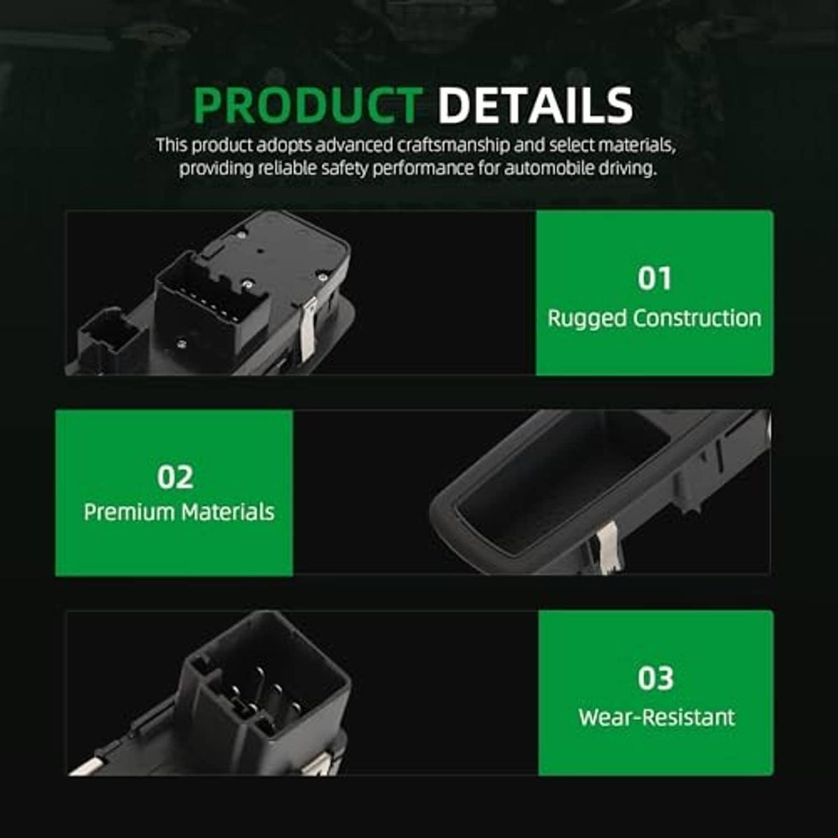 Black power window switch components with connector housing and terminals