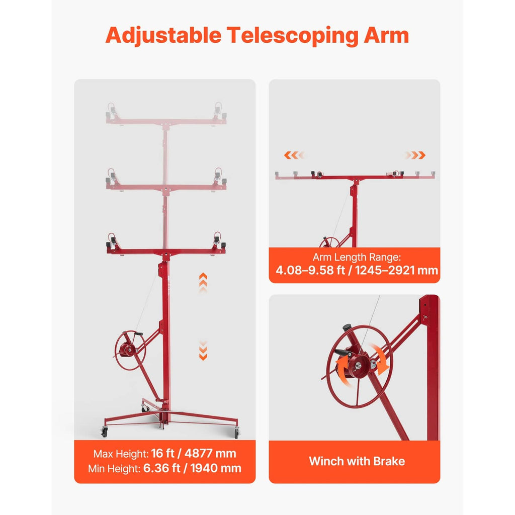 Red adjustable telescoping arm for a drywall hoist with multiple height steps