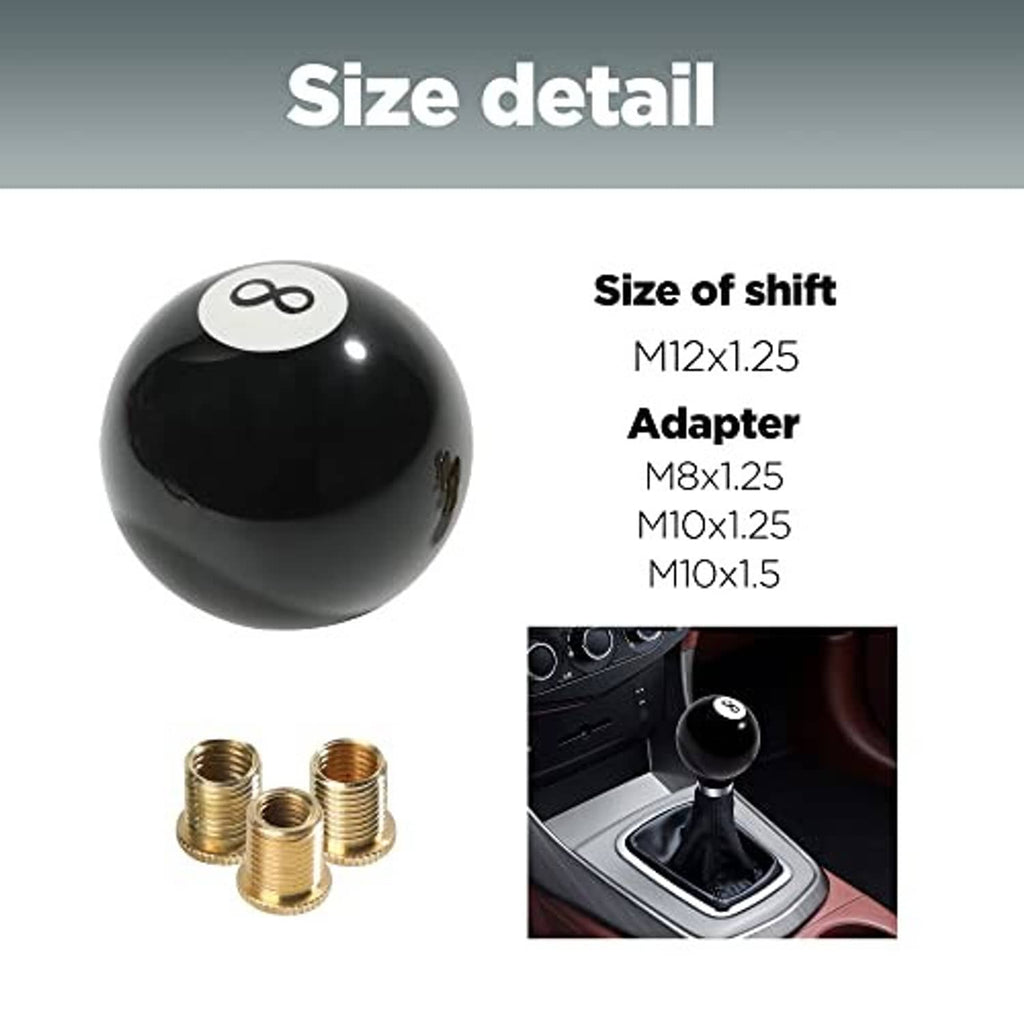 Black round shift knob with white 8 emblem, includes M12x1.25 and M10x1.5 adapters