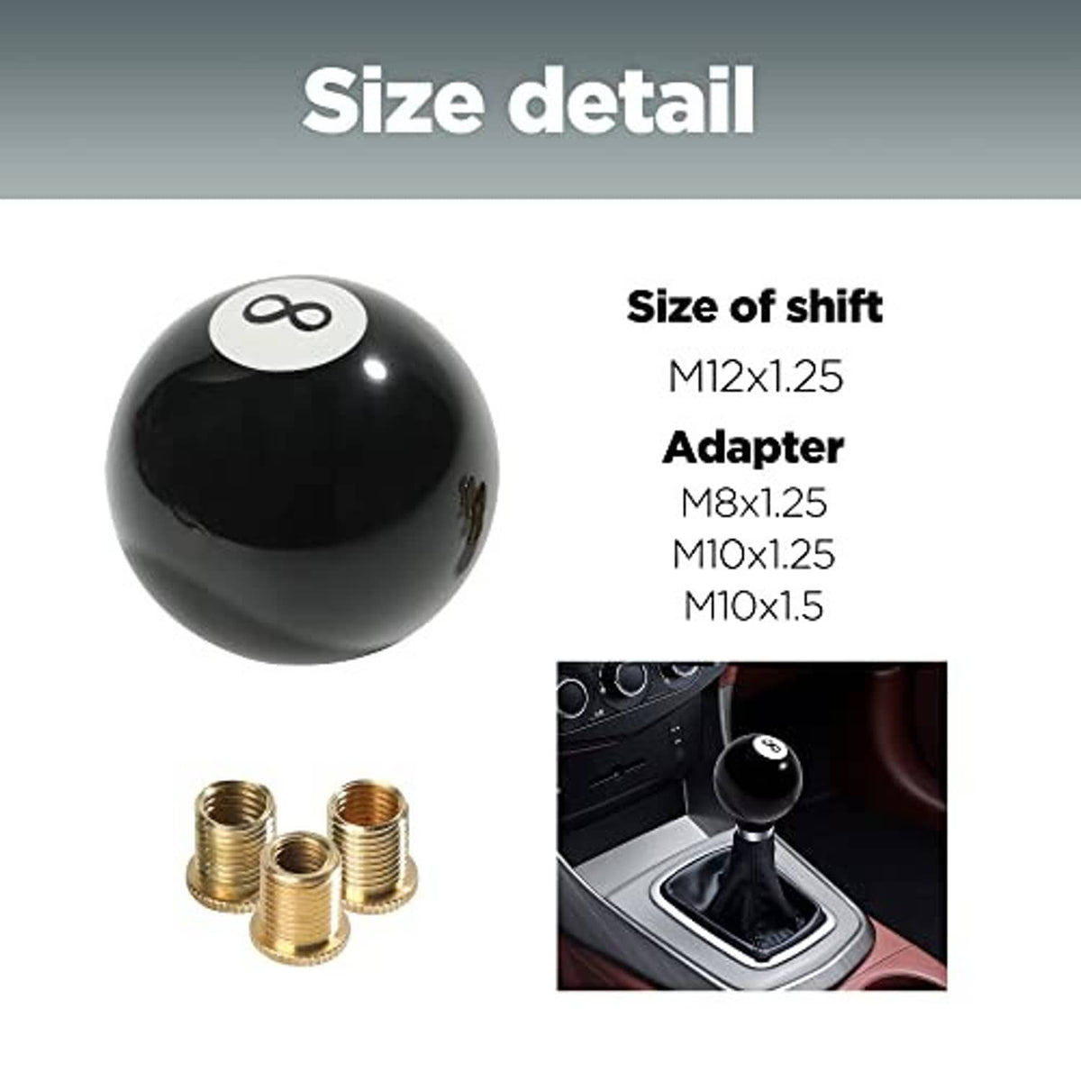 Black round shift knob with white 8 emblem, includes M12x1.25 and M10x1.5 adapters