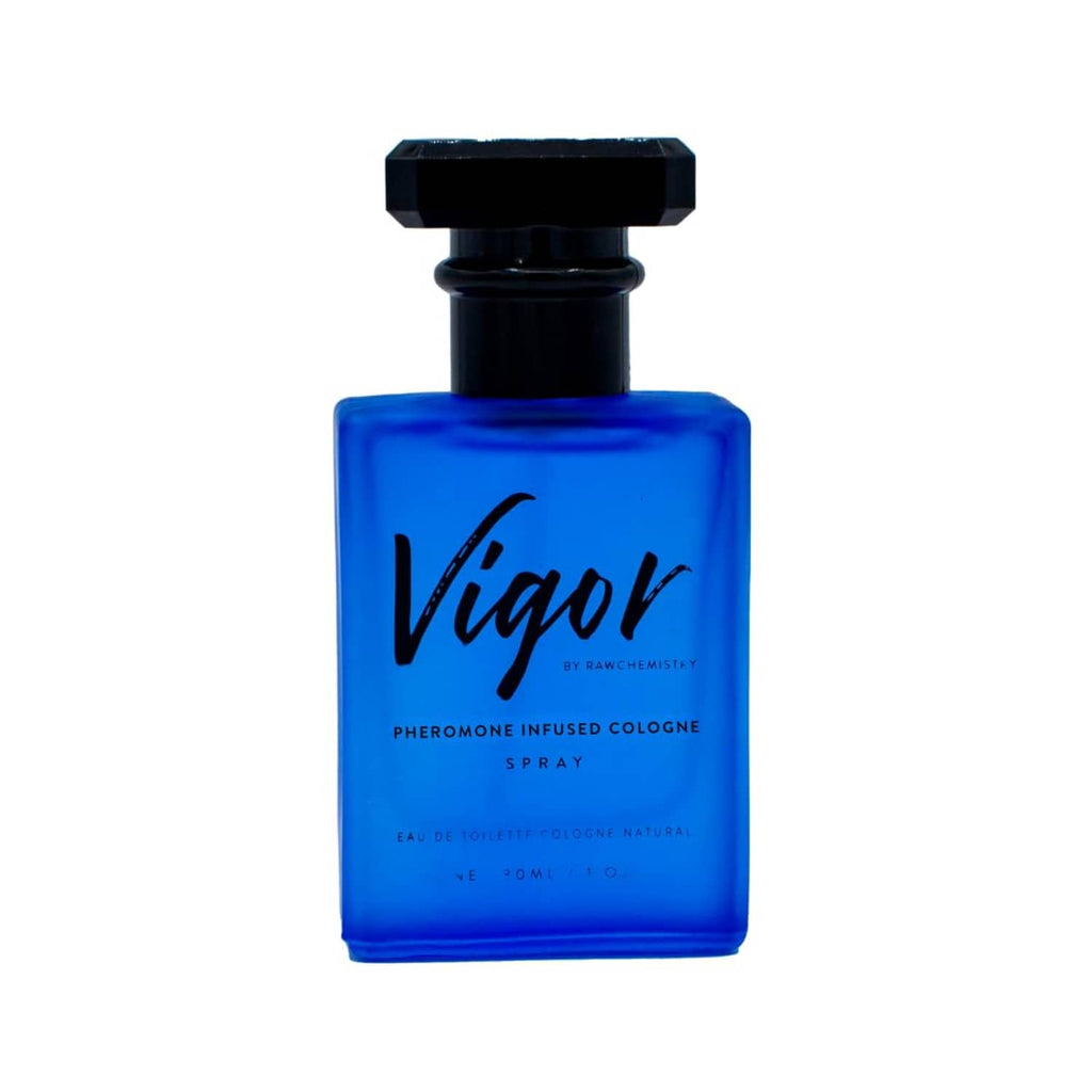 Vigor cologne spray bottle with black cap and blue liquid
