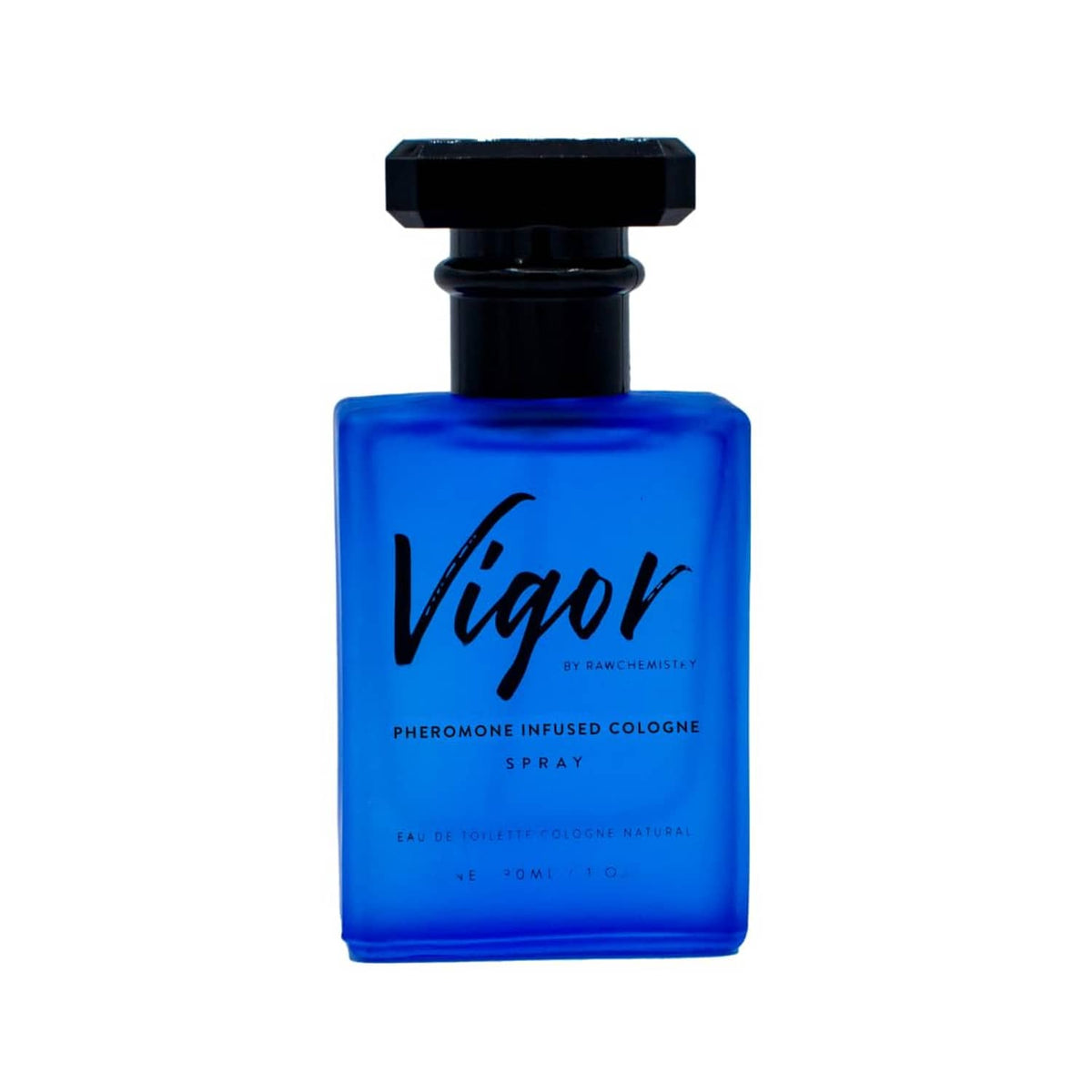 Vigor cologne spray bottle with black cap and blue liquid