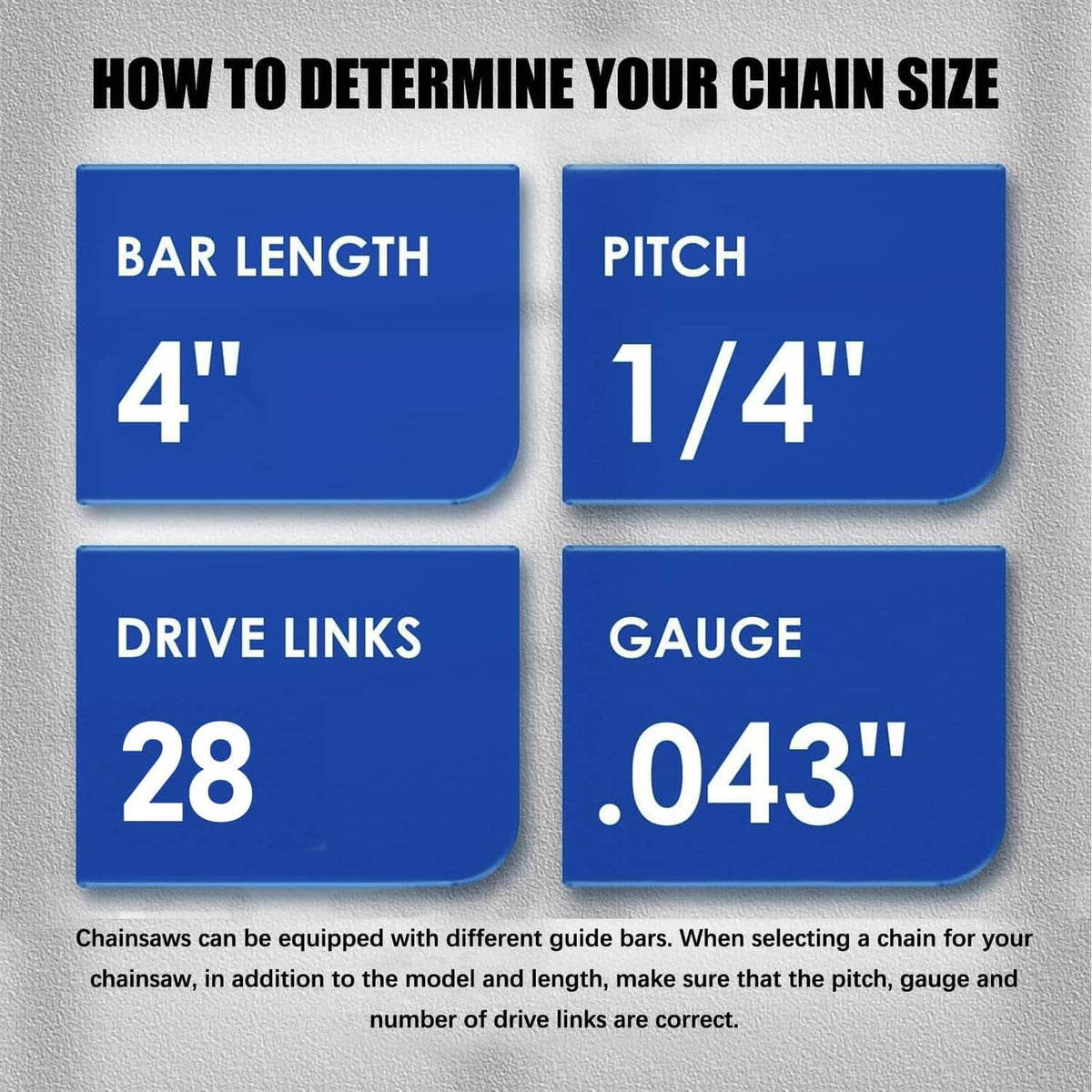 Chainsaw chain size guide infographic with bar length 4-inch and pitch 1/4-inch