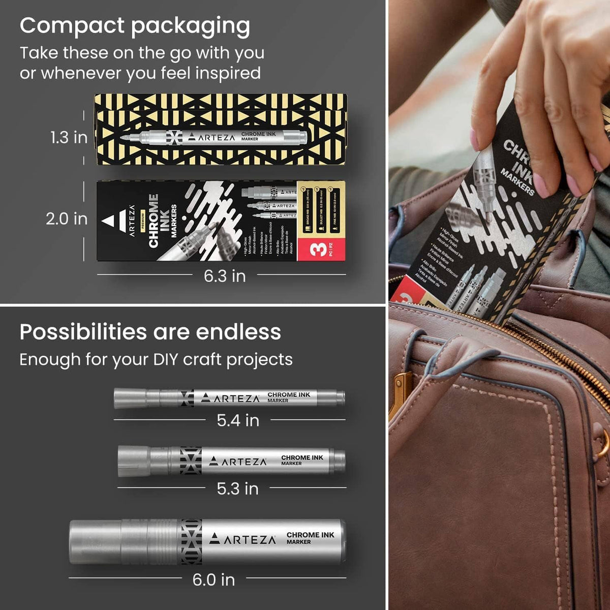 Chrome ink marker set in retail packaging with three silver markers