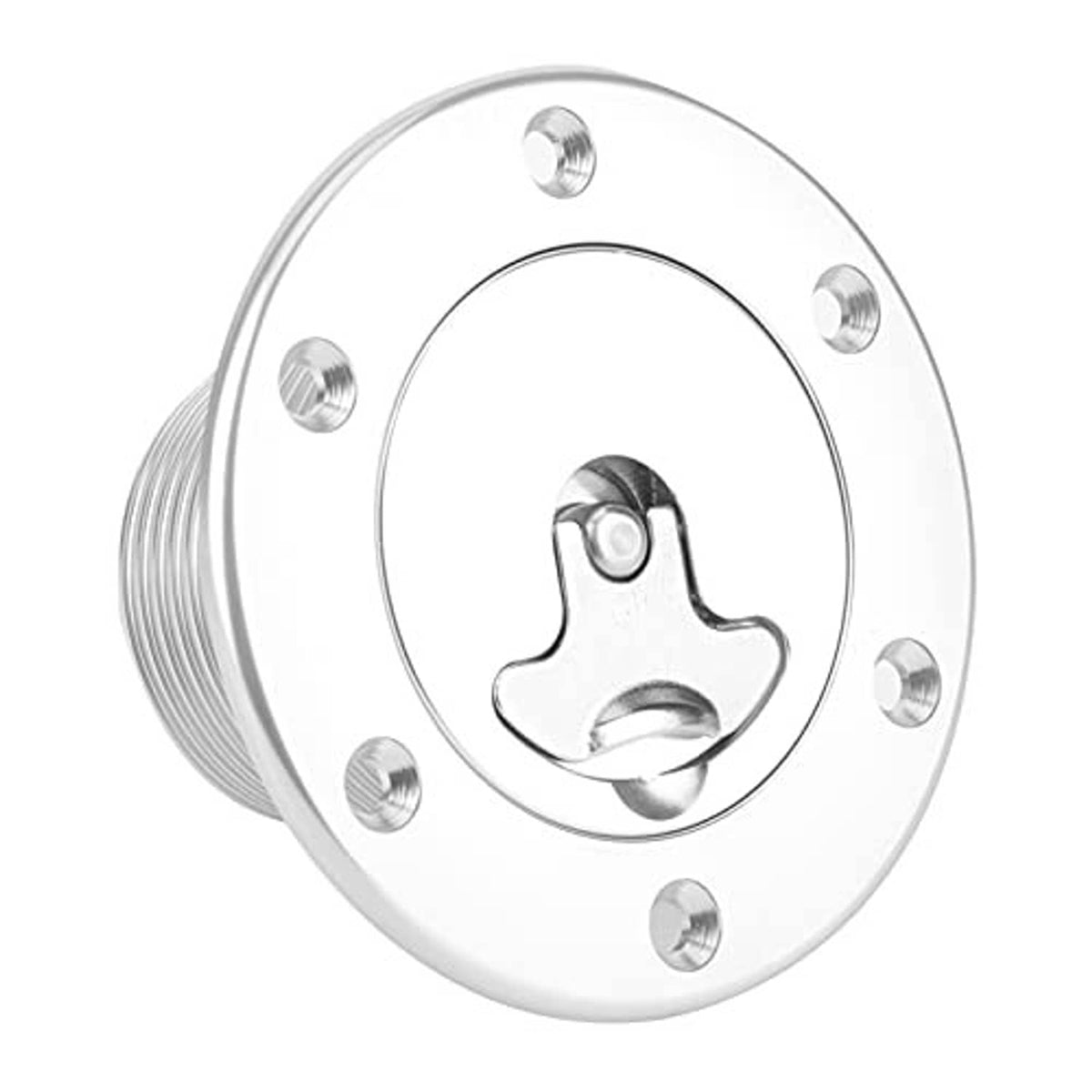 Billet aluminum fuel filler cap underside with rubber seal opening and bolt holes, chrome