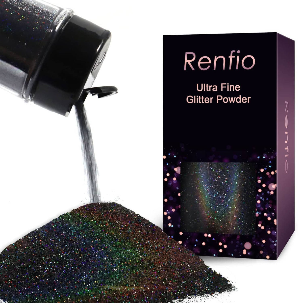 Holographic ultra fine glitter powder, black shade, poured from a bottle onto a pile