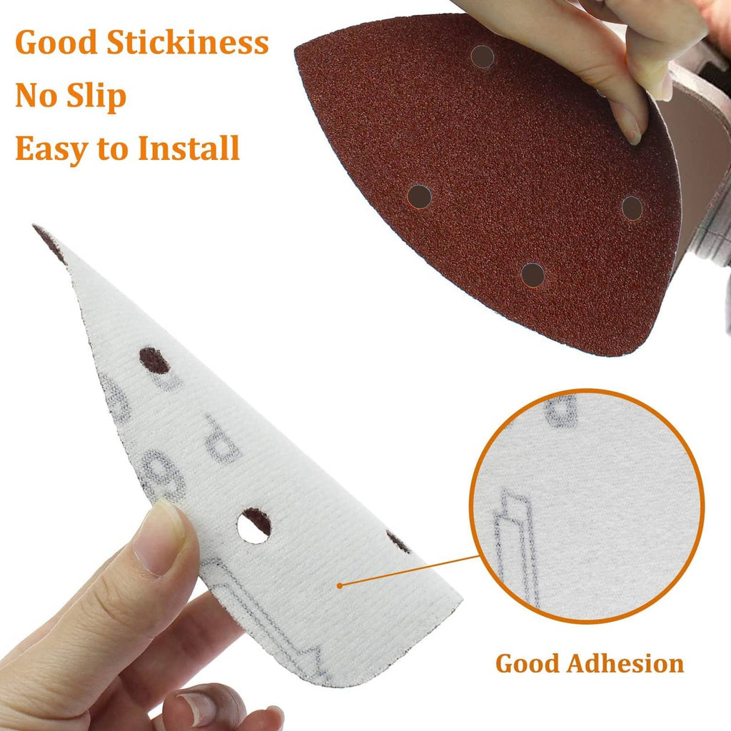 Triangular sanding sheets for hook-and-loop, dark red-brown, five holes; held near sander pad