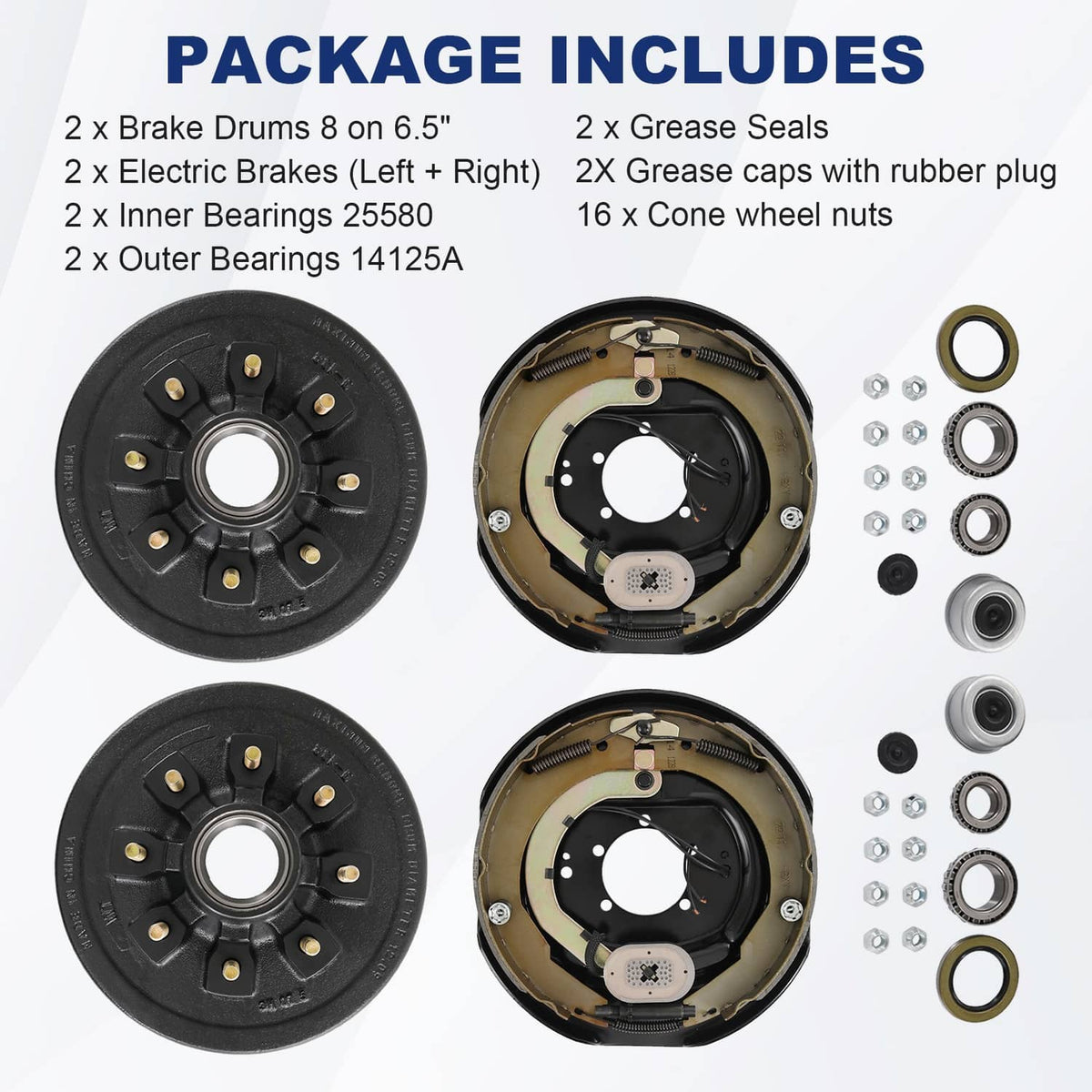Brake drum kit parts set with two electric drums, seals, grease caps, bearings, and nuts