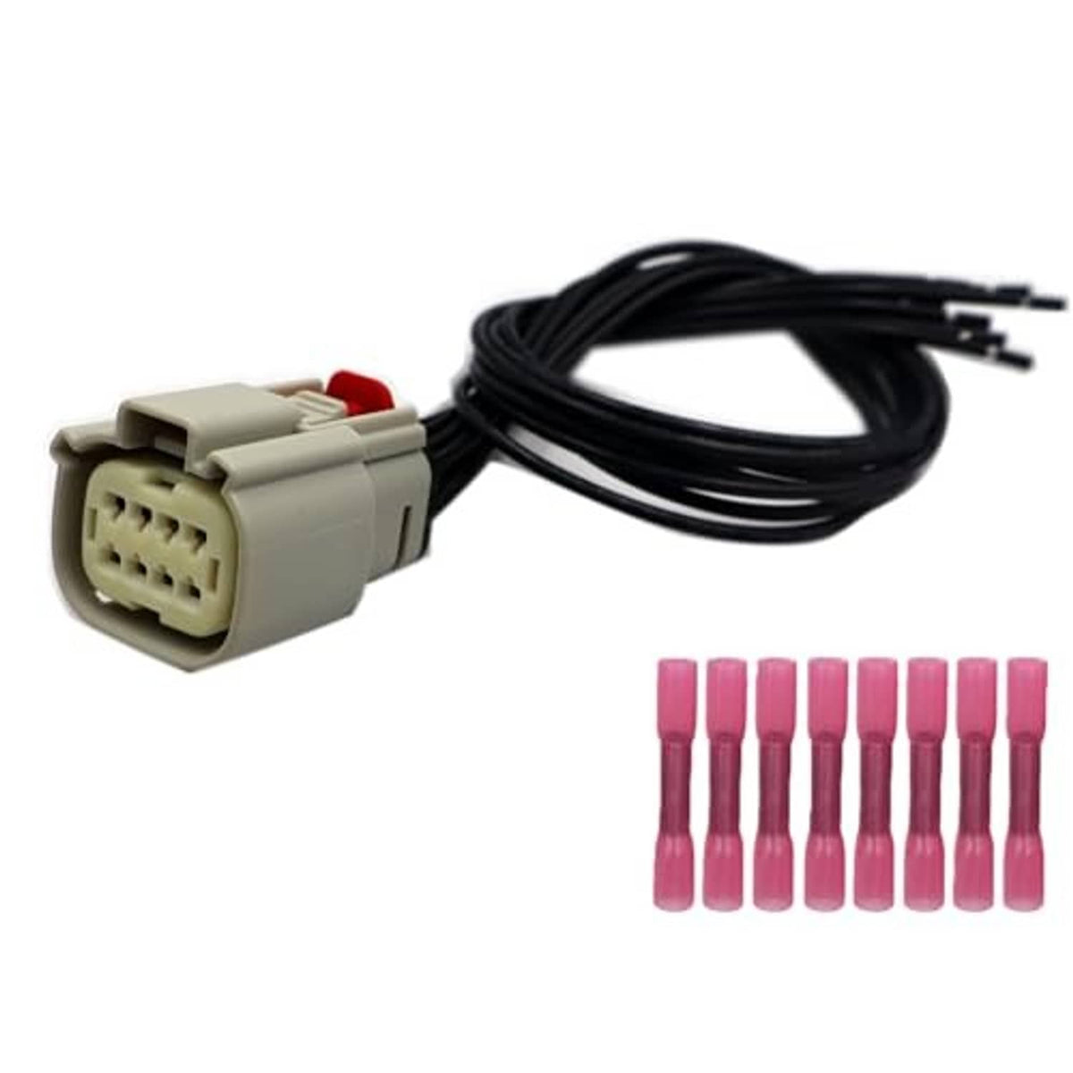 Headlight wiring connector with gray plug, black cable, and pink terminal pins