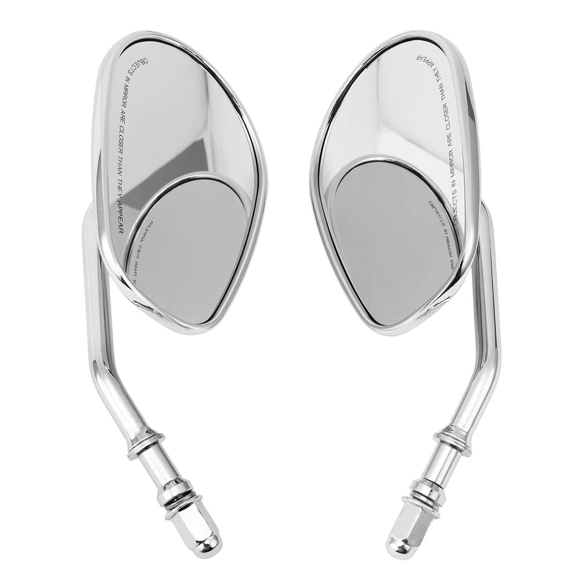 Pair of chrome teardrop rear-view mirrors with oval lenses and threaded stem ends.