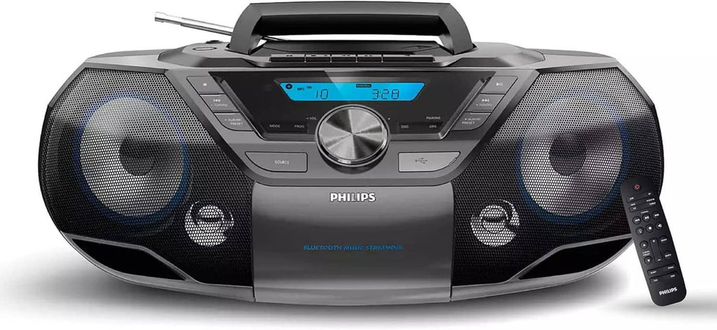 Philips portable CD cassette boombox with dual speakers, display screen, and side buttons