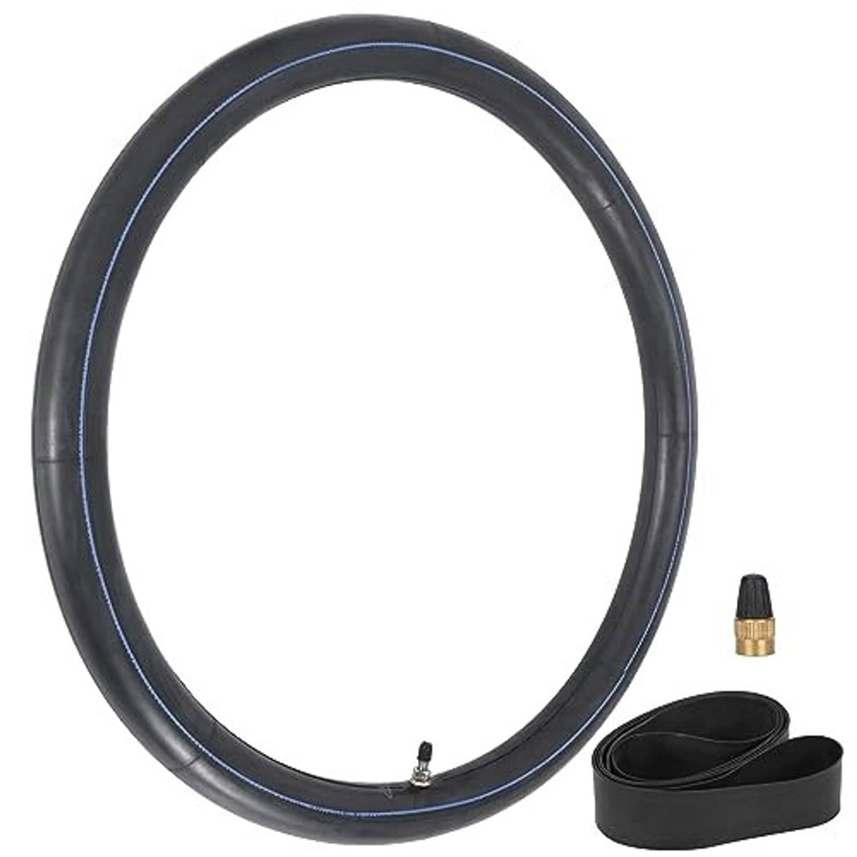 Black motorcycle inner tube with valve stem and folded strips, for 2.25/2.50-19 tires