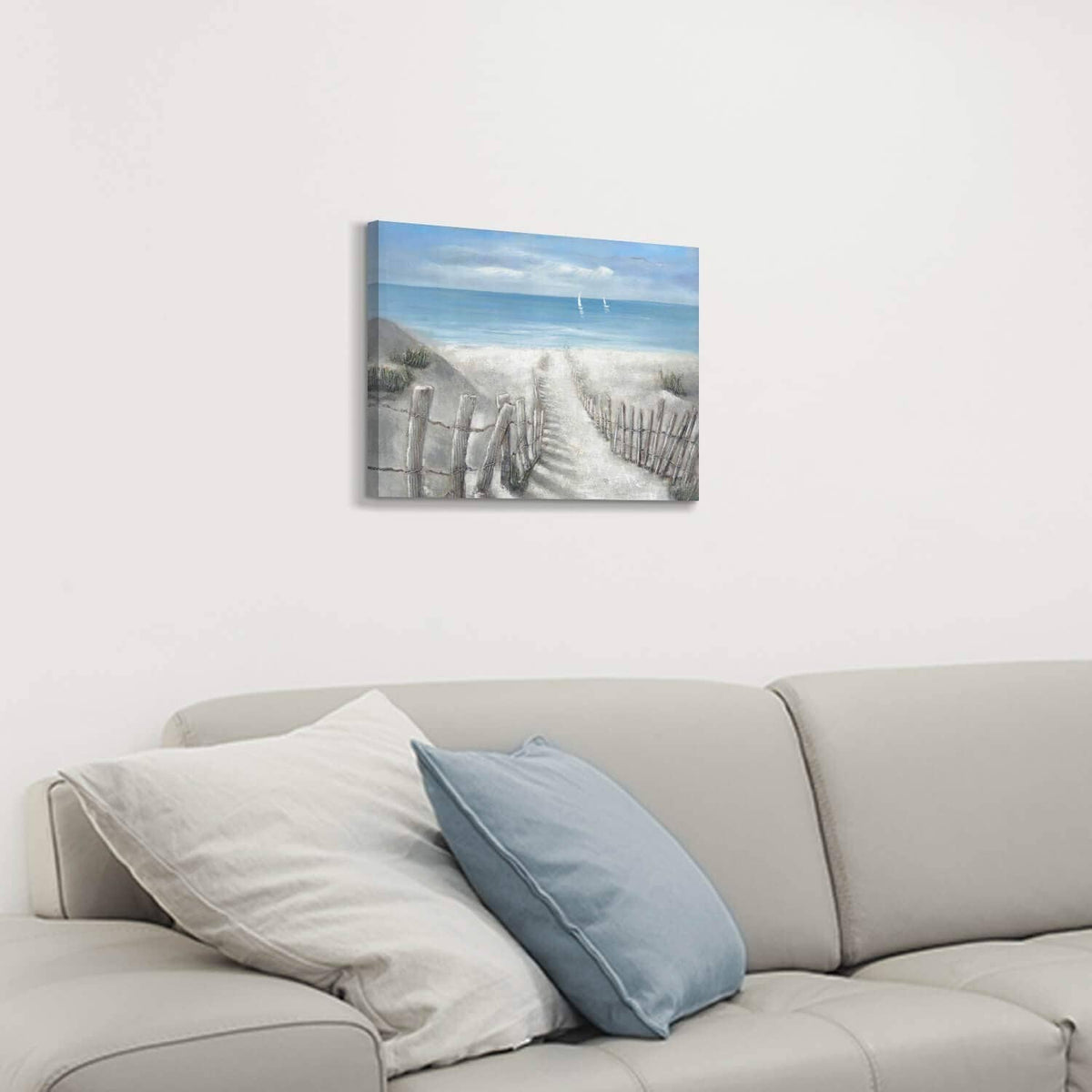 Small coastal ocean canvas print with sandy beach path and sailboats
