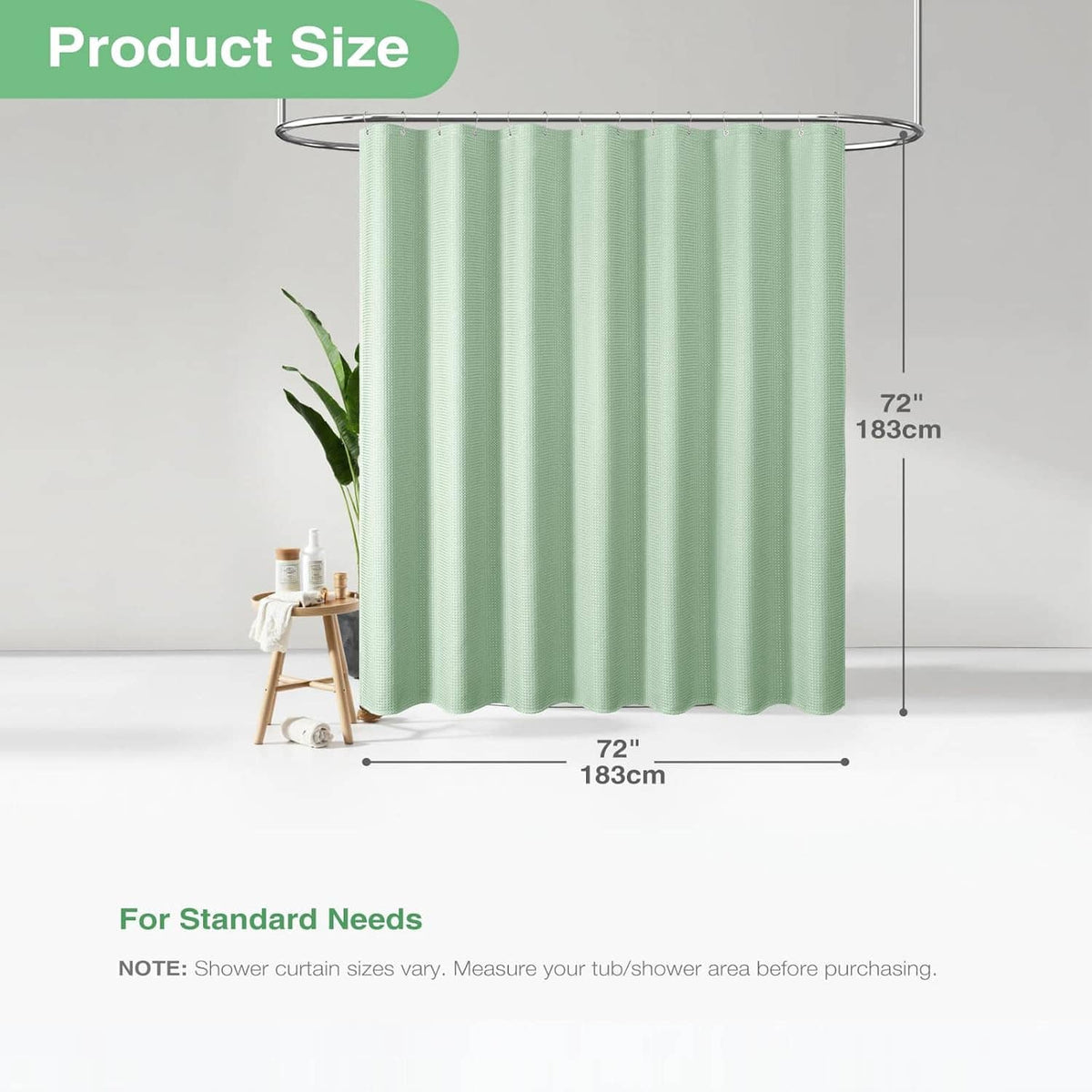 Mint green waffle-weave shower curtain panel shown with 72 in width and height measurements