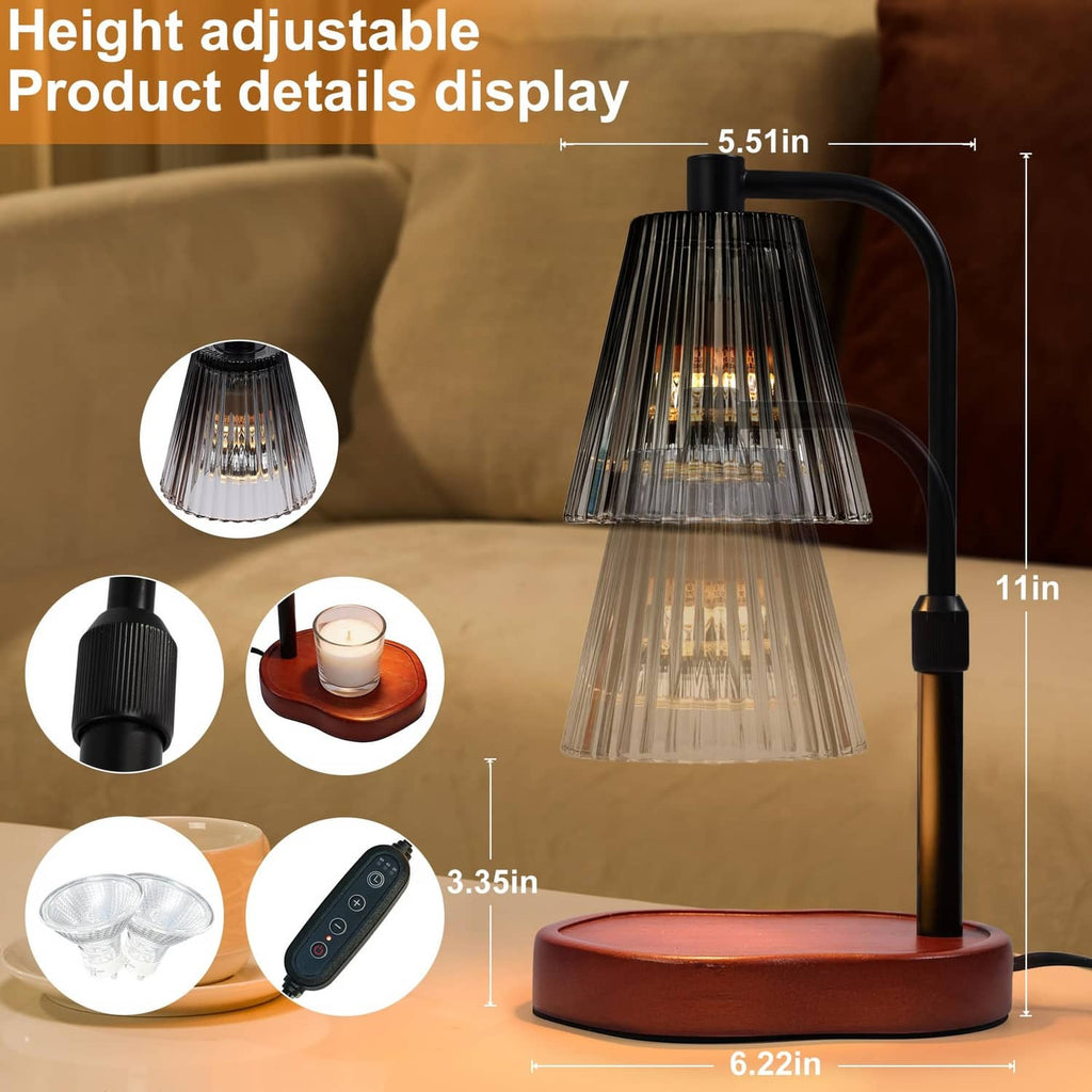Black adjustable candle warmer lamp with glass shade and round wooden base, lit candle.