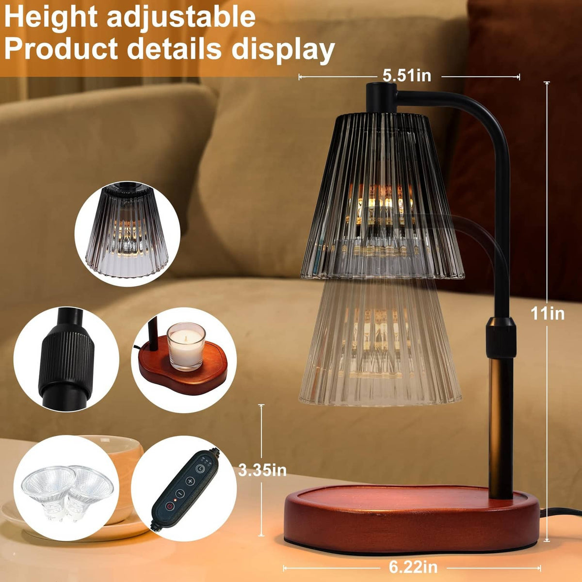 Black adjustable candle warmer lamp with glass shade and round wooden base, lit candle.