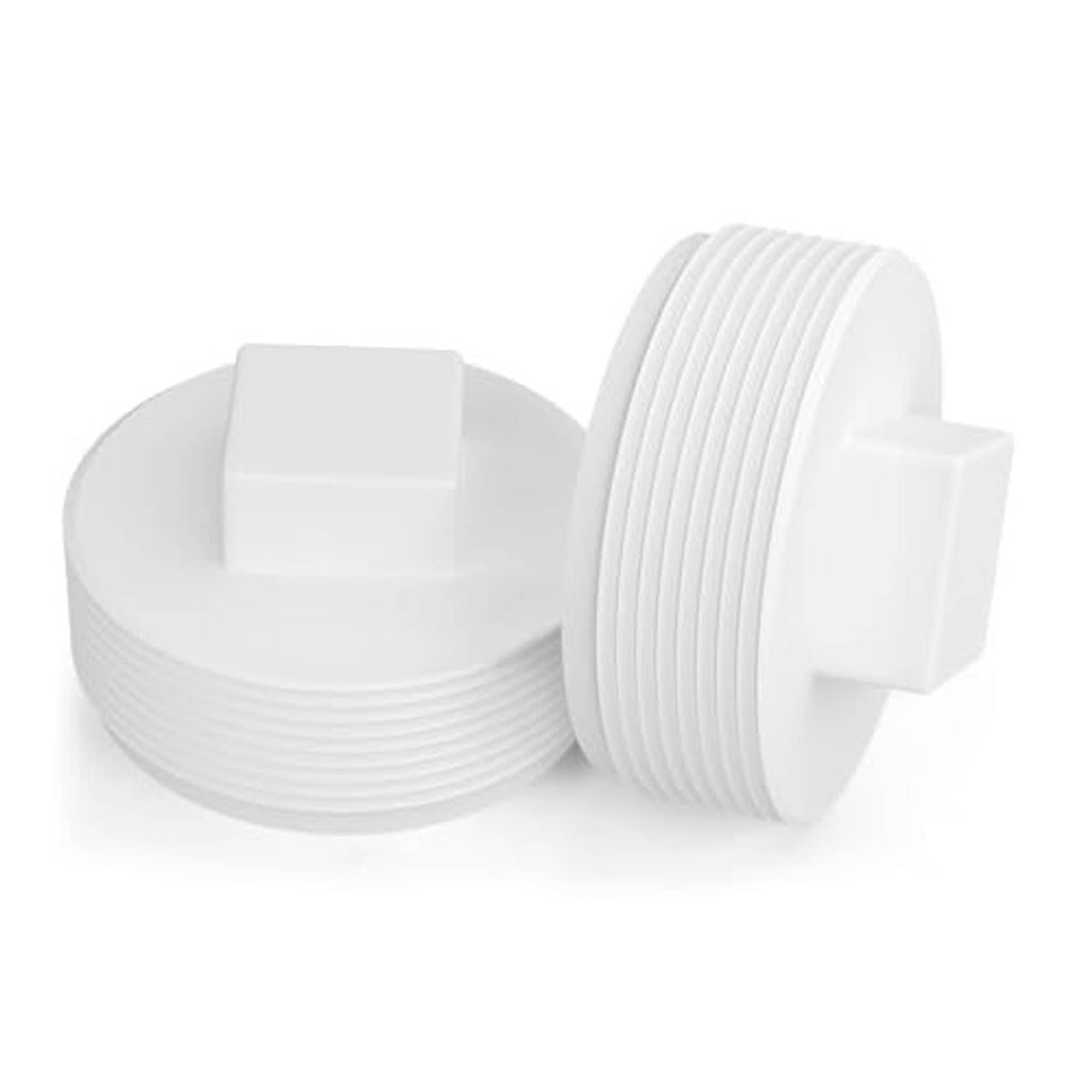 Pair of white PVC cleanout plug end caps, square opening and ribbed threaded sides