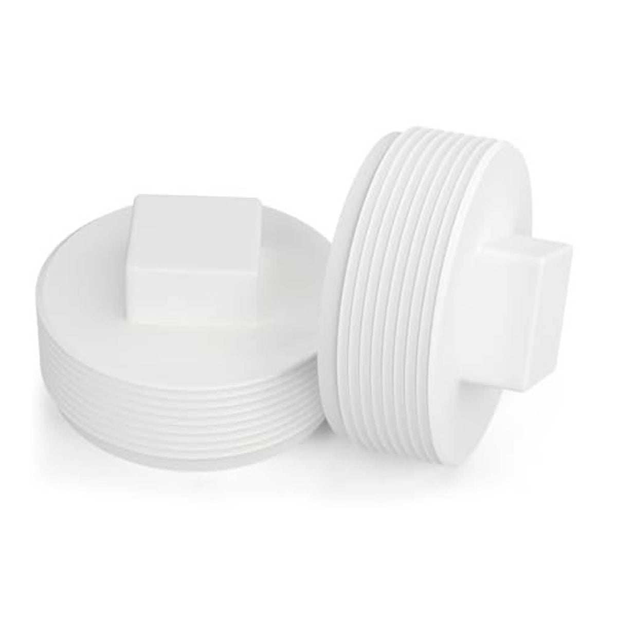 Pair of white PVC cleanout plug end caps, square opening and ribbed threaded sides