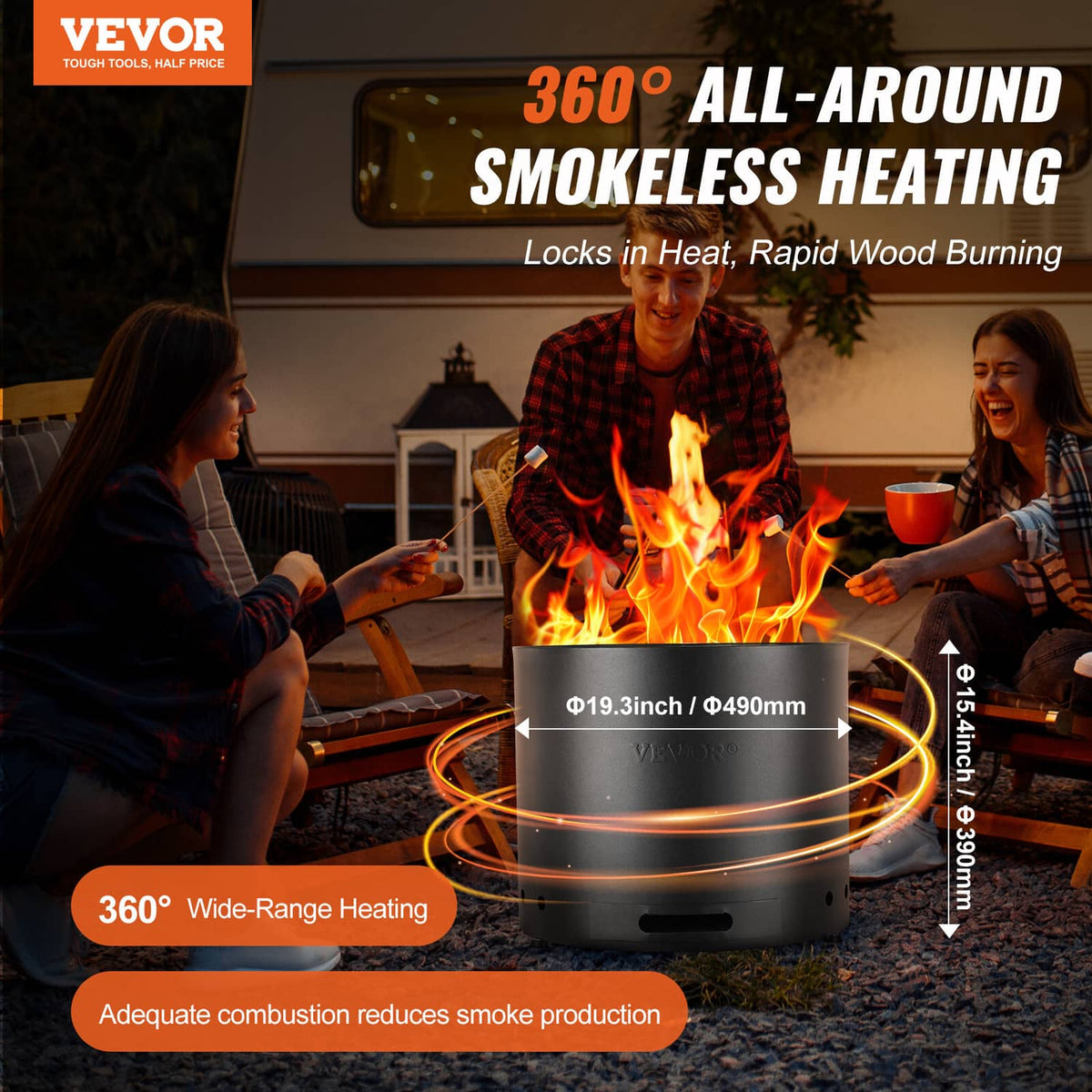 VEVOR smokeless fire pit stove with open top, flames rising from round black steel