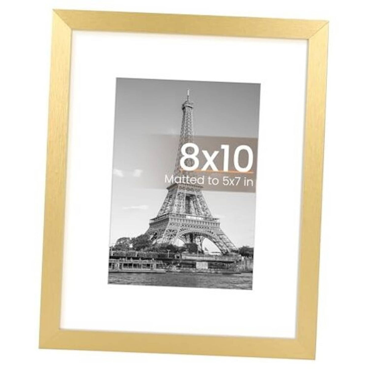 Gold picture frame with white mat, holding an 8x10 photo of the Eiffel Tower