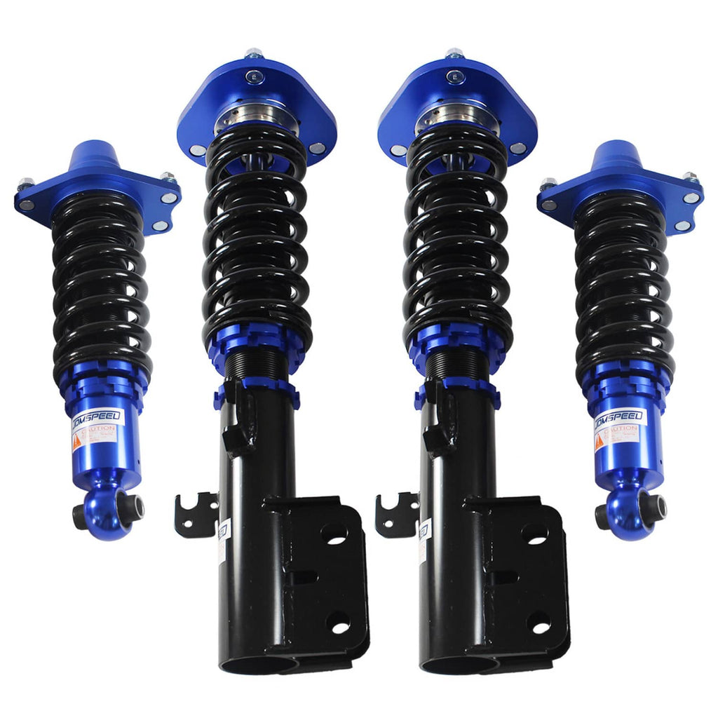 Blue and black adjustable coilover suspension struts with coil springs, front and rear kit