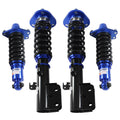 Blue and black adjustable coilover suspension struts with coil springs, front and rear kit