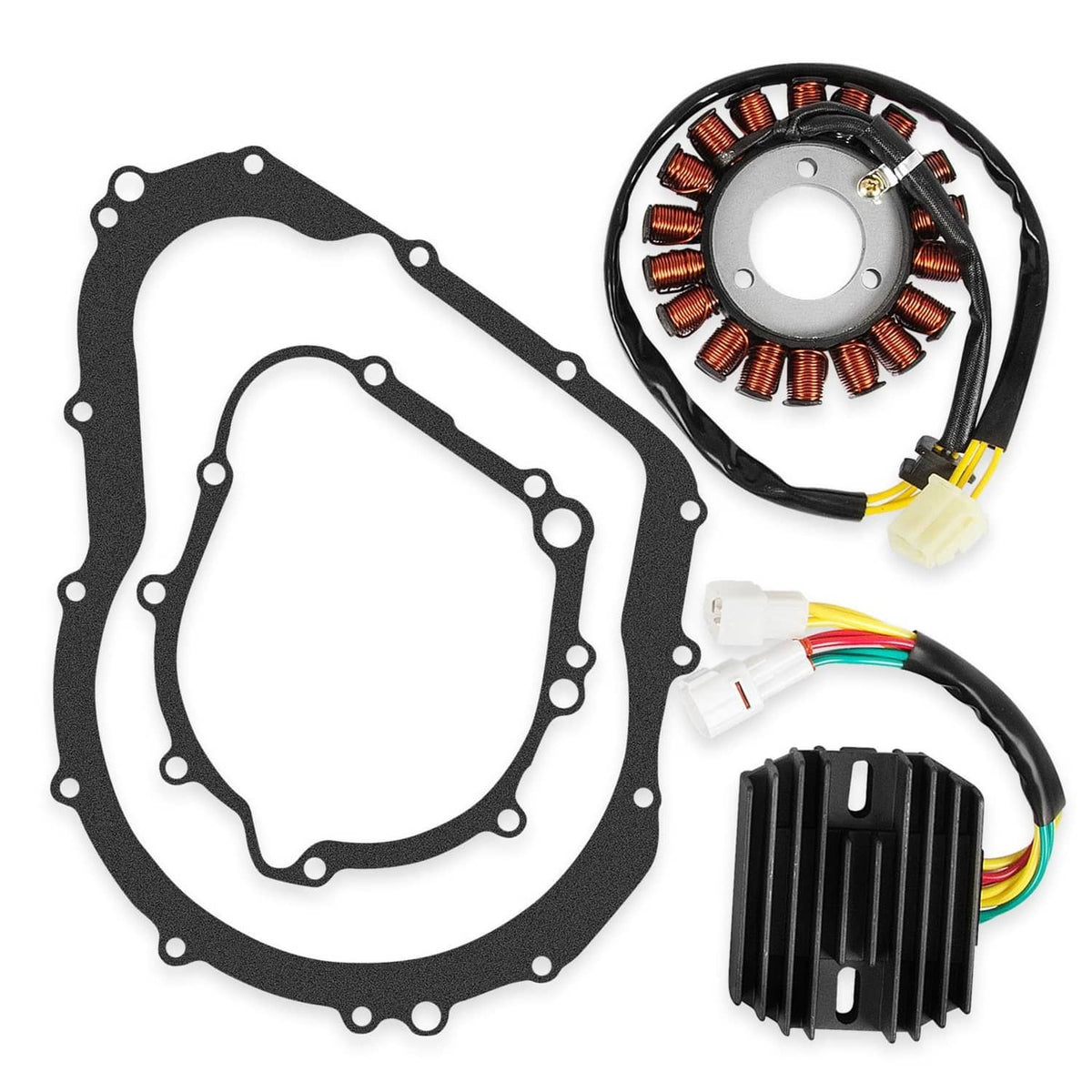 Stator regulator rectifier kit with black gasket, copper stator coil, and finned regulator with wires