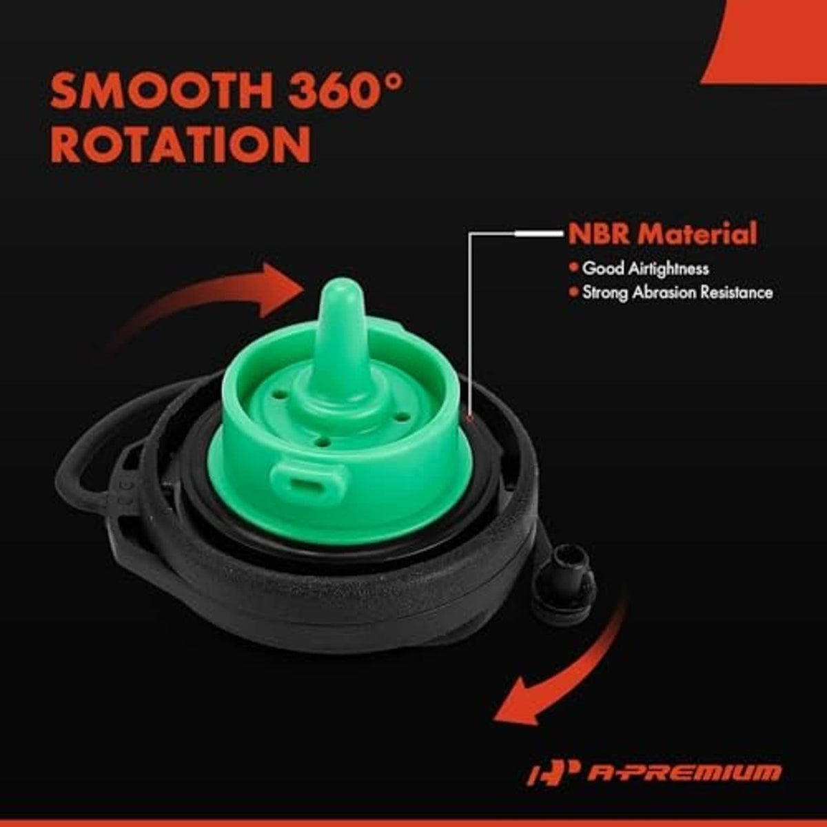 Fuel tank cap with green inner valve showing smooth 360-degree rotation