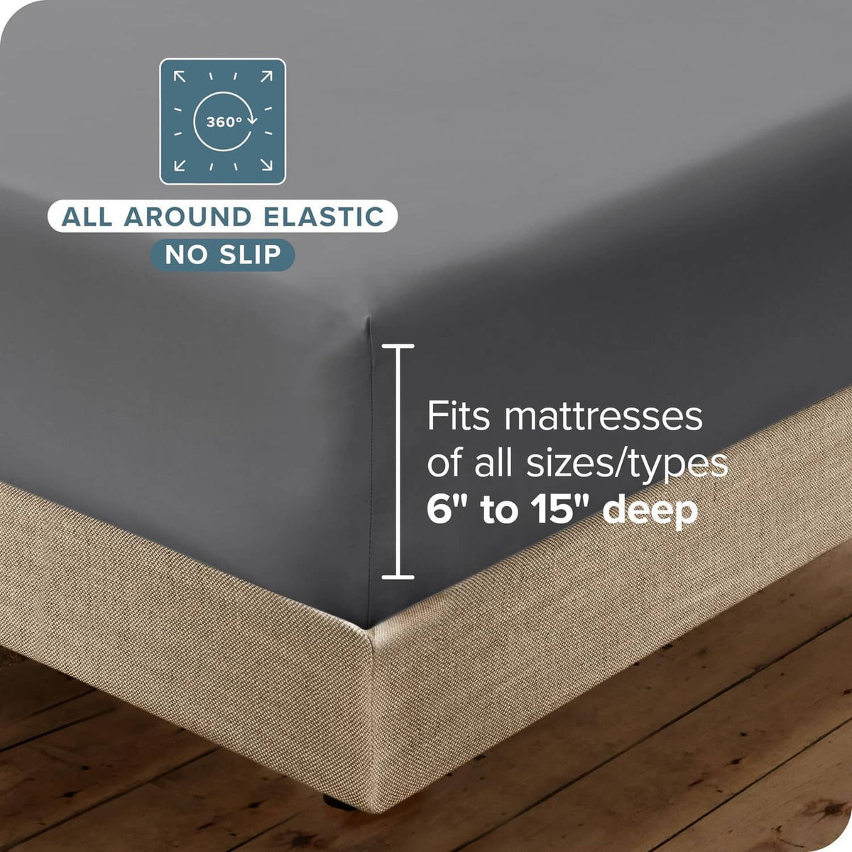 Grey fitted sheet corner with all-around elastic for 6–15 inch mattresses