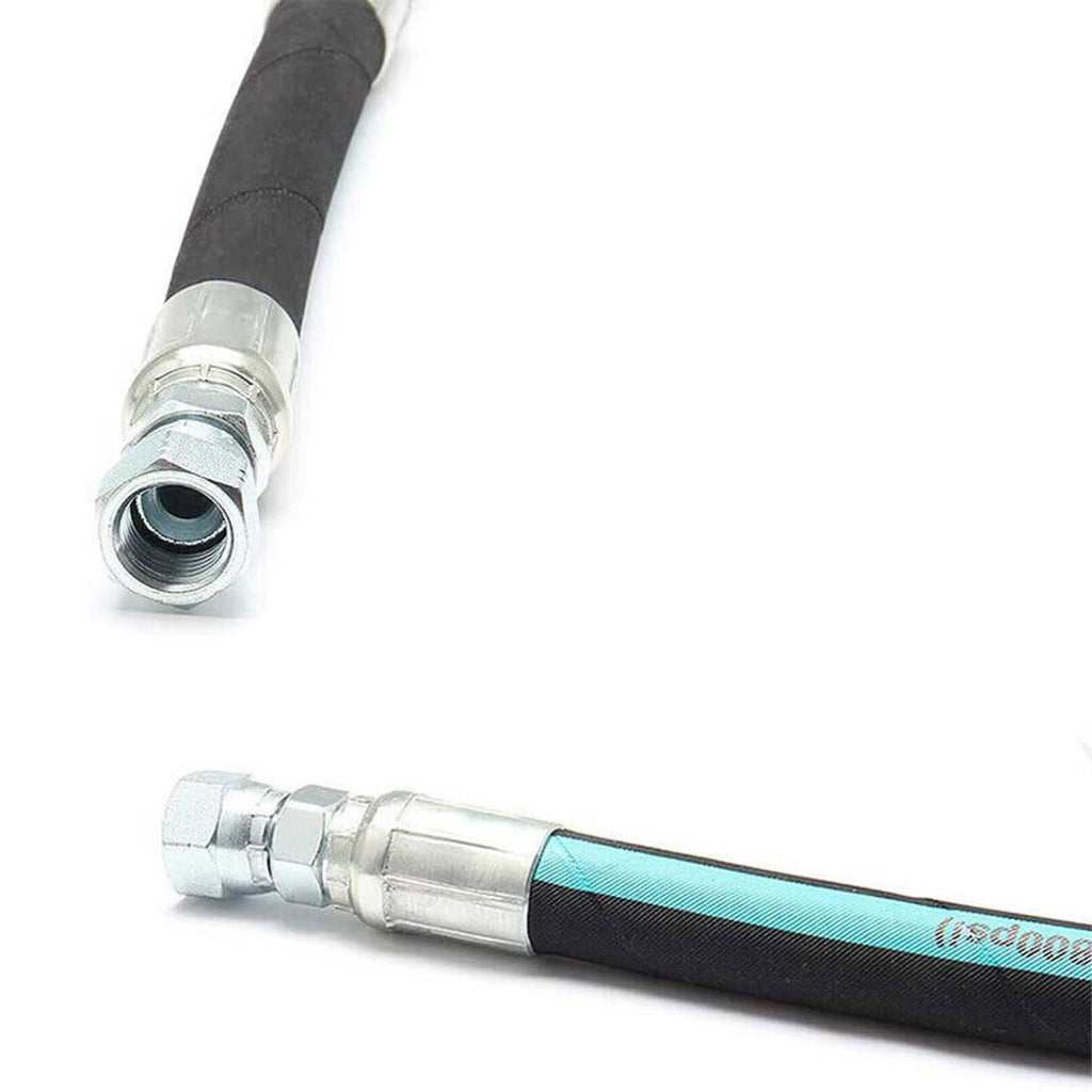 High-pressure oil hose with chrome female connector and black rubber housing, teal stripe