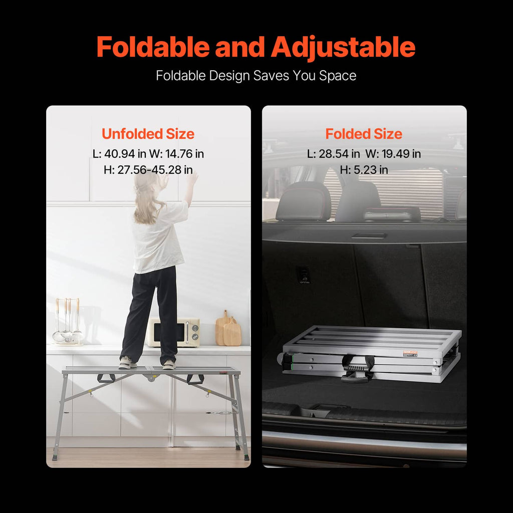 Folded portable scaffolding platform with gray base and ribbed deck for storage