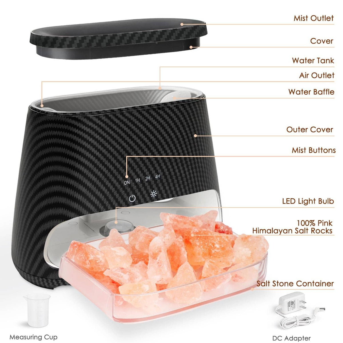 Carbon black diffuser cutaway showing water tank, air outlet, LED bulb, salt stone container