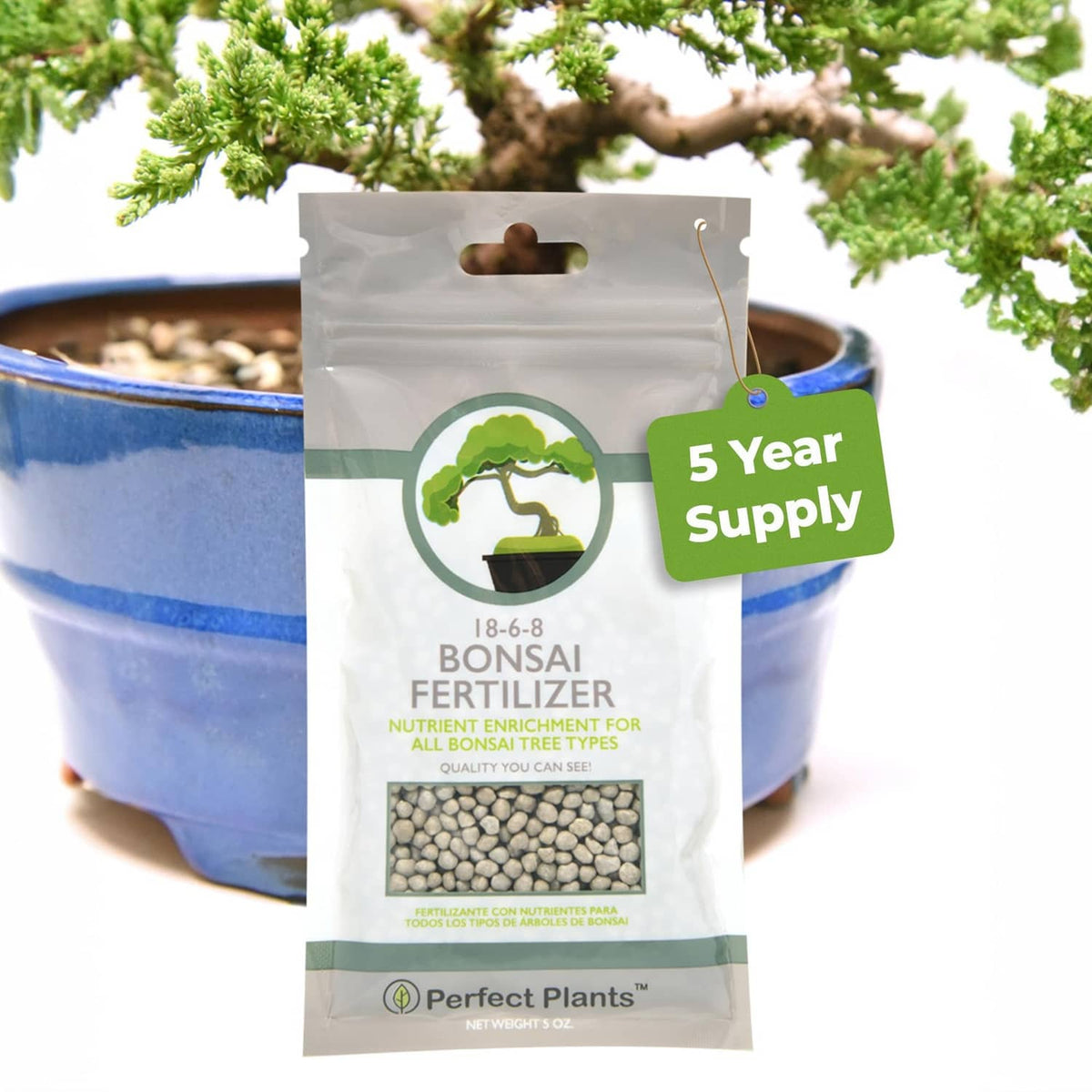 Bonsai fertilizer pellets bag, resealable pouch labeled 5 Year Supply