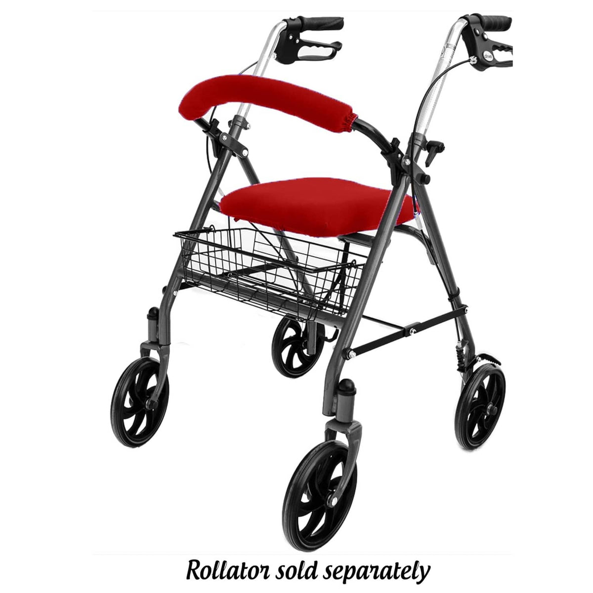 Red rollator seat and backrest cover set, installed on walker frame