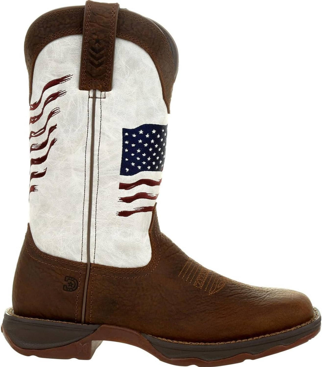 Women’s western boot with distressed U.S. flag embroidery and brown leather heel profile.