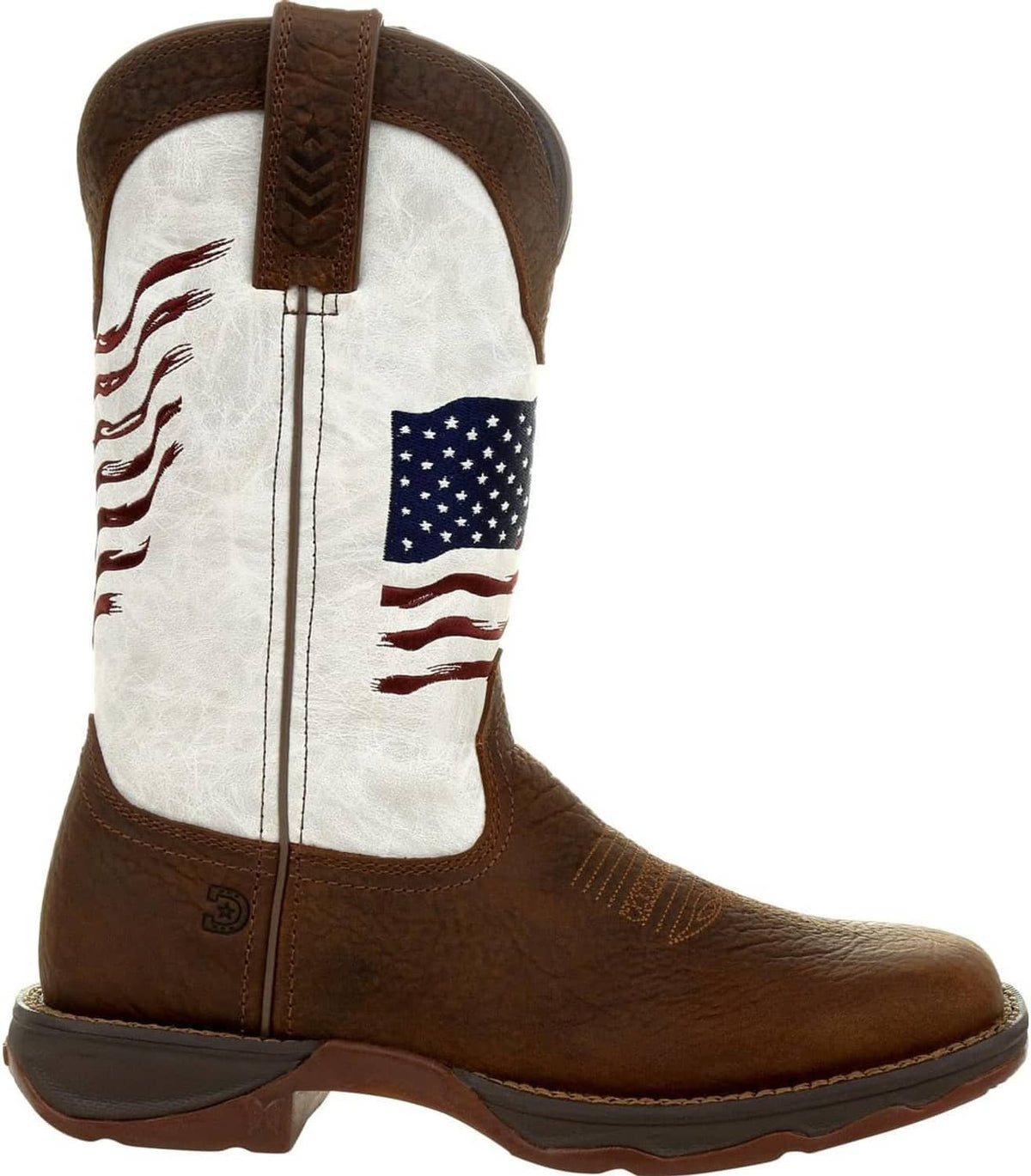 Women’s western boot with distressed U.S. flag embroidery and brown leather heel profile.