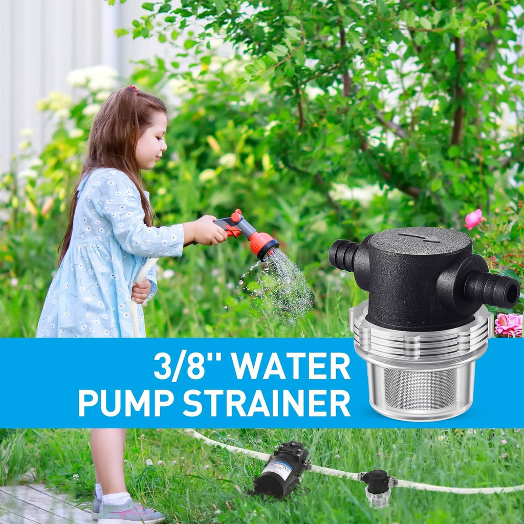 Black and silver 3/8 water pump strainer filter with mesh screen and hose barb outlets