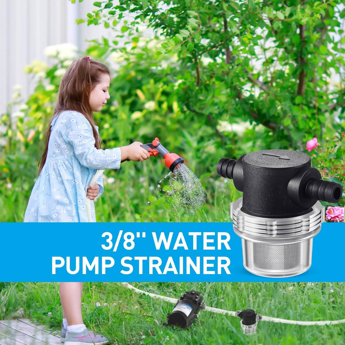 Black and silver 3/8 water pump strainer filter with mesh screen and hose barb outlets