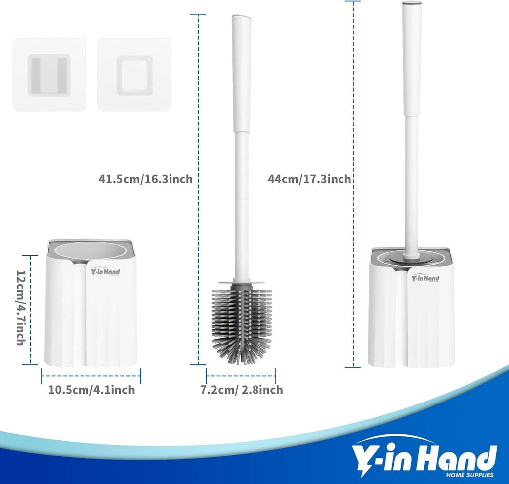 Toilet brush and holder set with size dimensions shown in inches and centimeters
