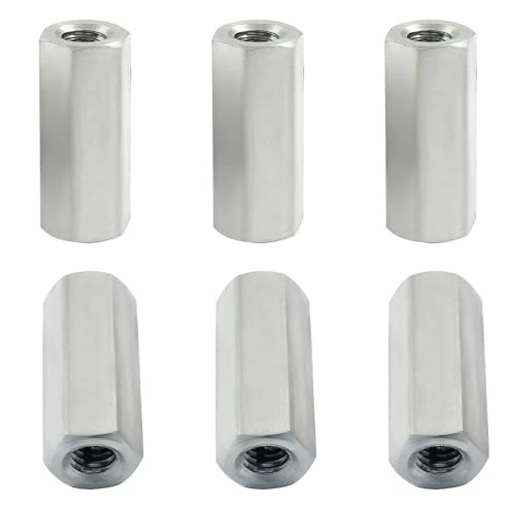 Six-pack silver M6 hex coupling nuts with visible threaded openings at both ends