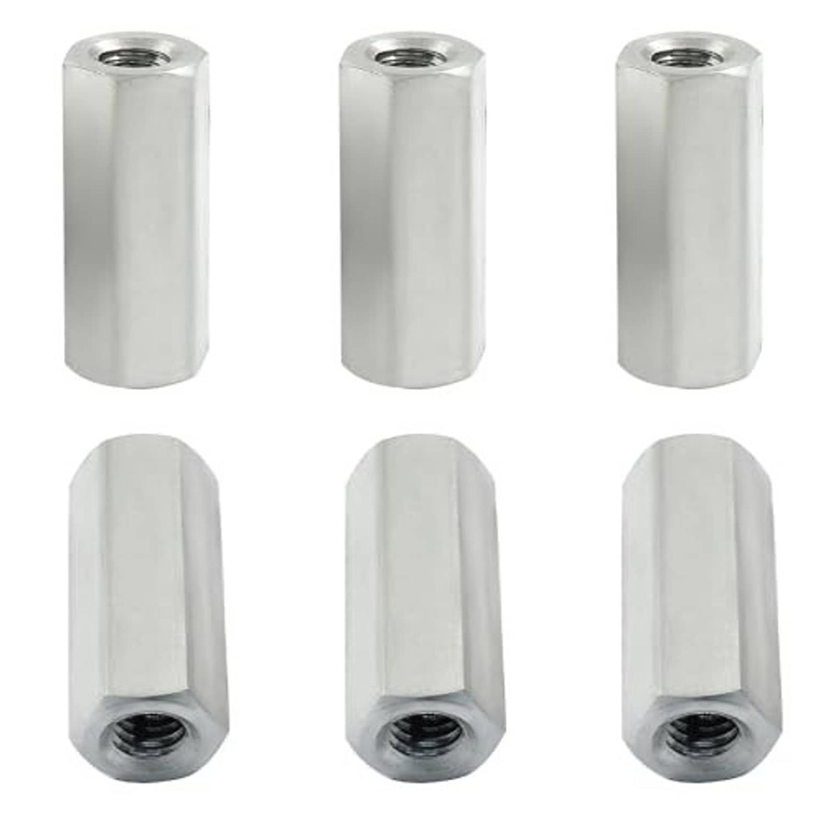 Six-pack silver M6 hex coupling nuts with visible threaded openings at both ends