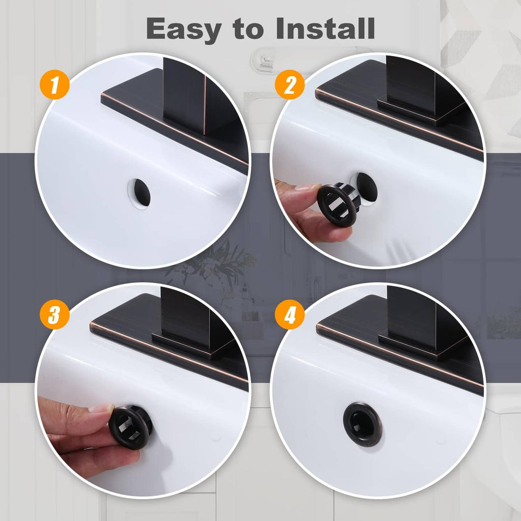 Sink overflow ring being installed into overflow hole, dark ring with snap tabs