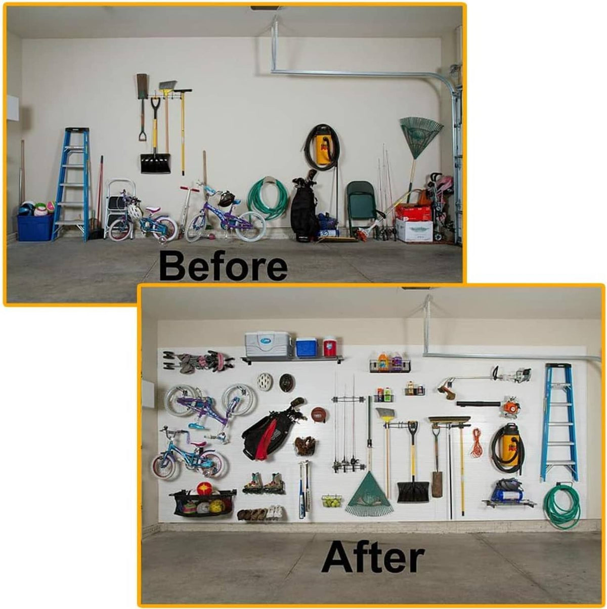 Slatwall hooks arranged on garage wall for organizing tools, before/after