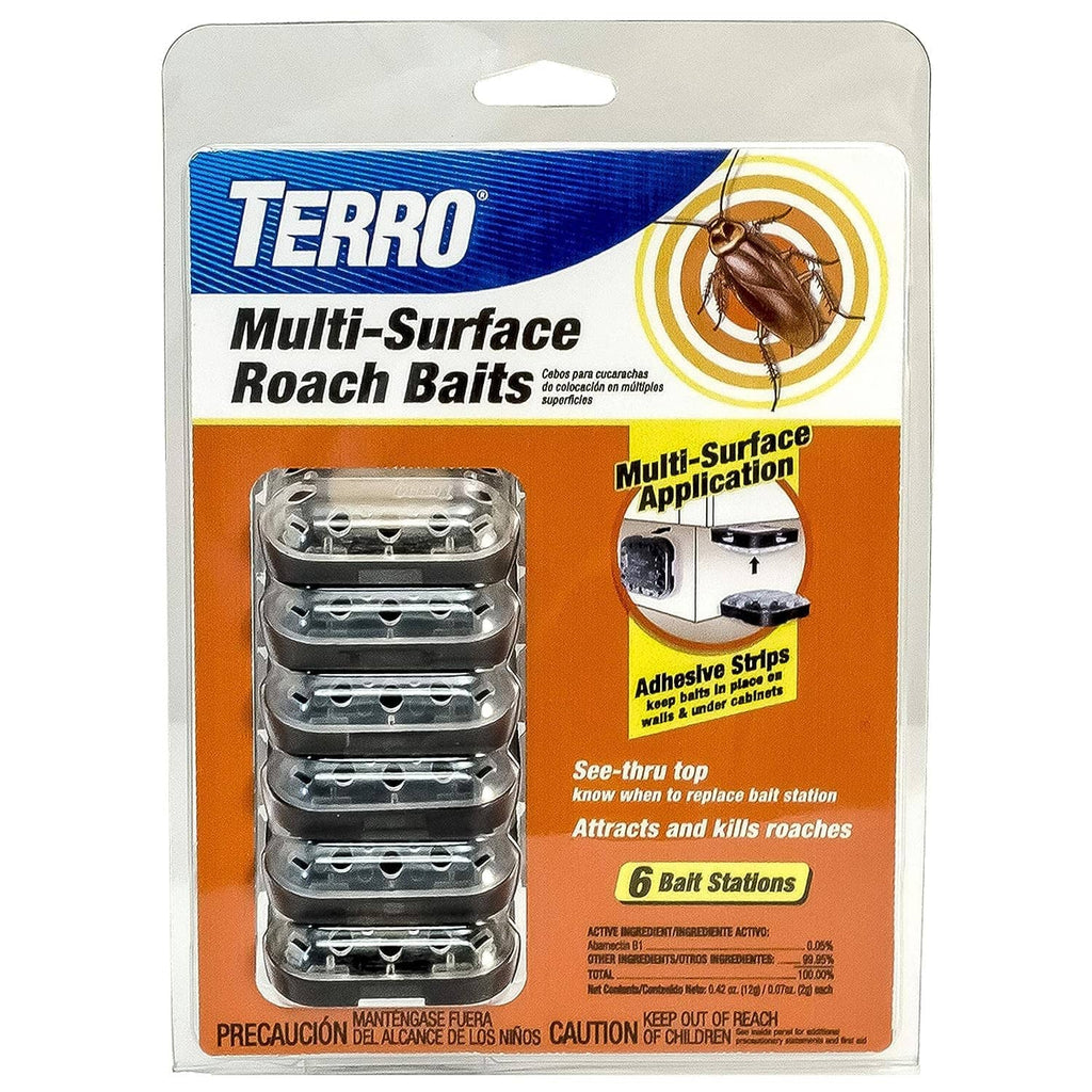 Multi-surface roach bait station pack with six black stations in clear housings