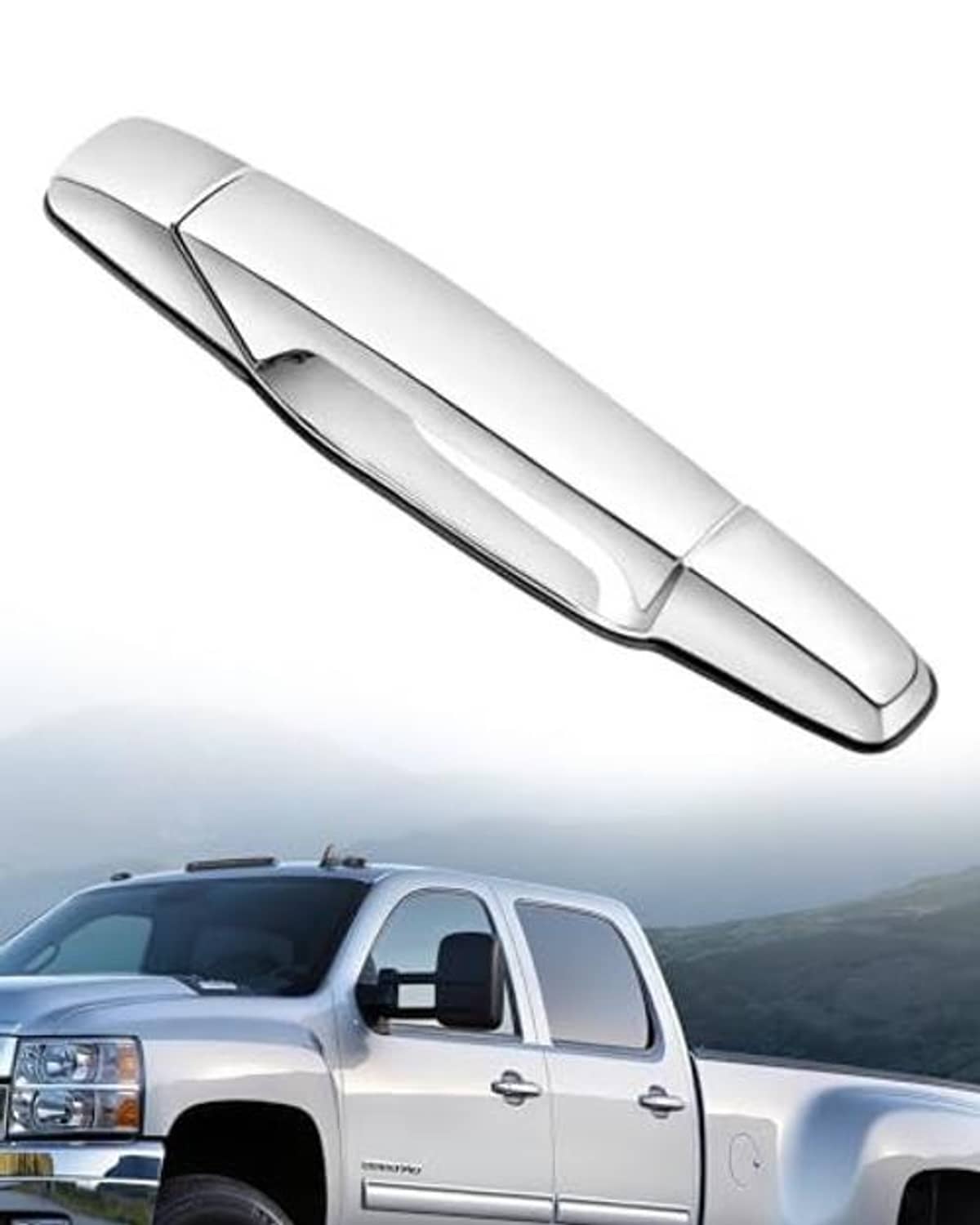 Chrome passenger-side exterior door handle with streamlined oval shape