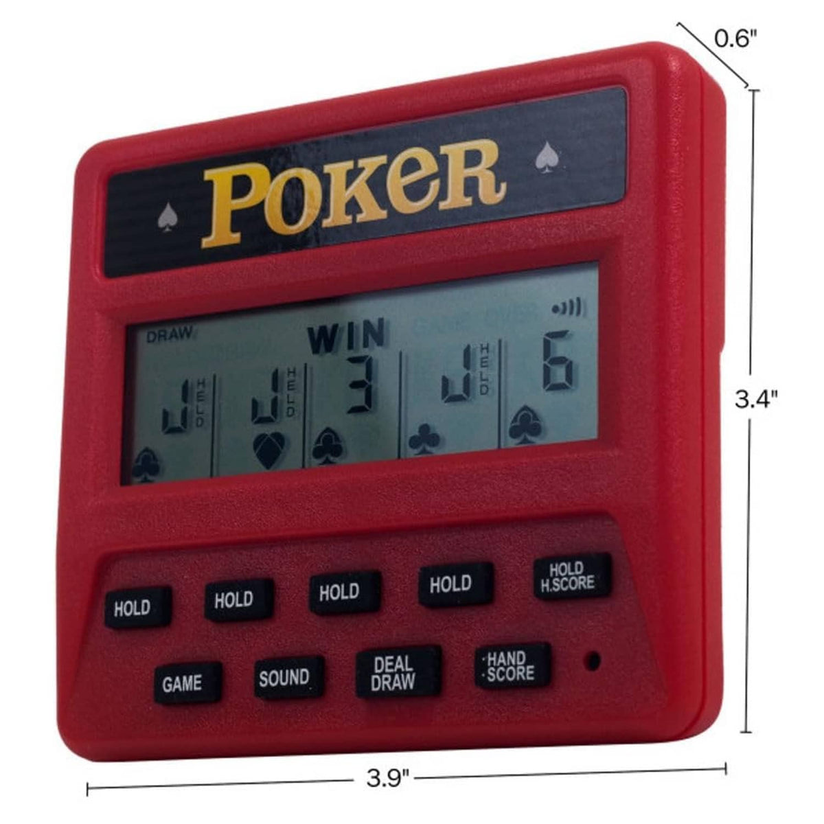 Red handheld poker electronic game showing LCD screen, buttons, and size dimensions.