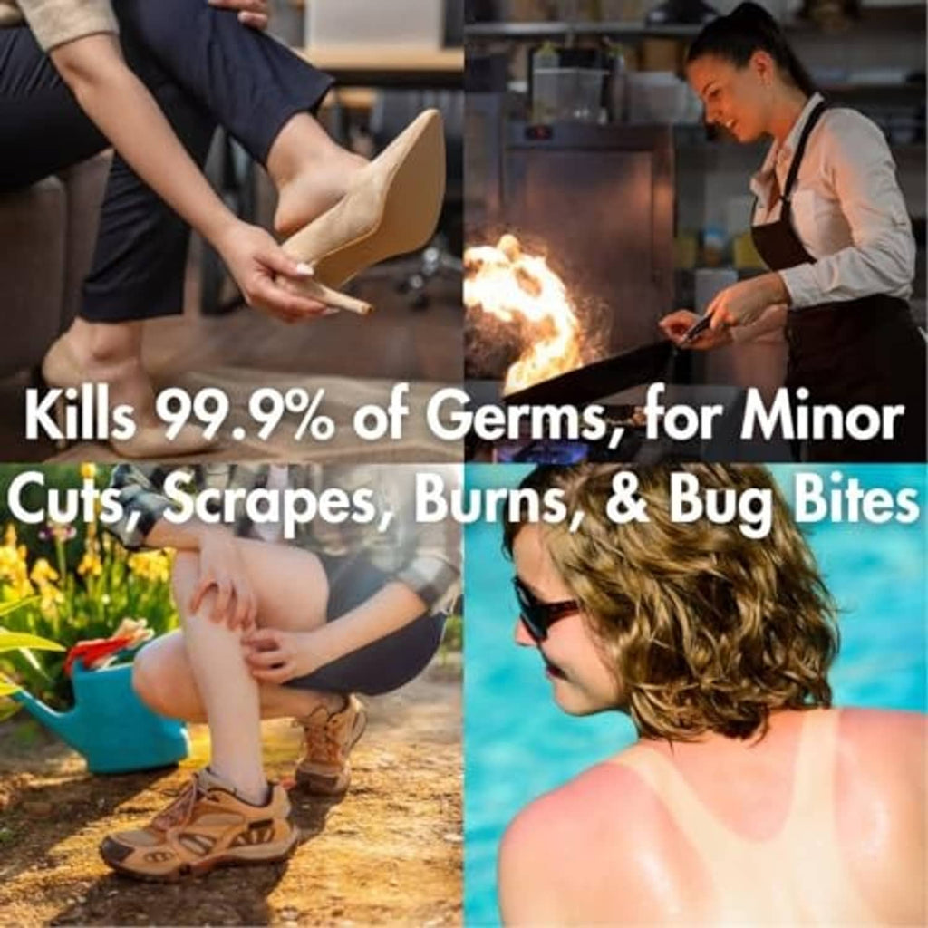 Pain relief cleansing spray used for minor cuts, scrapes, burns, and bug bites