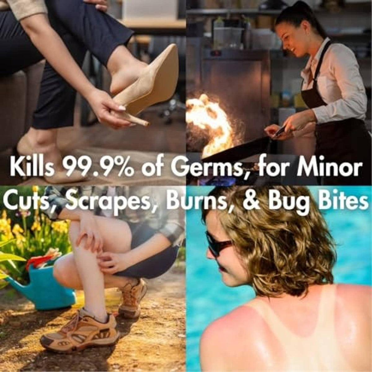 Pain relief cleansing spray used for minor cuts, scrapes, burns, and bug bites