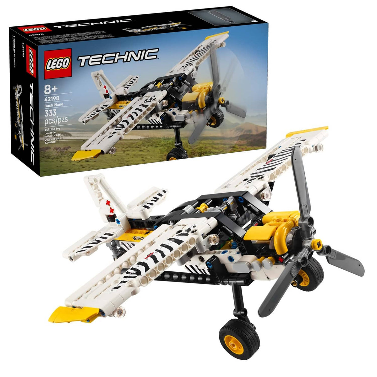 LEGO Technic bush plane toy with multicolor brick-built aircraft model and box