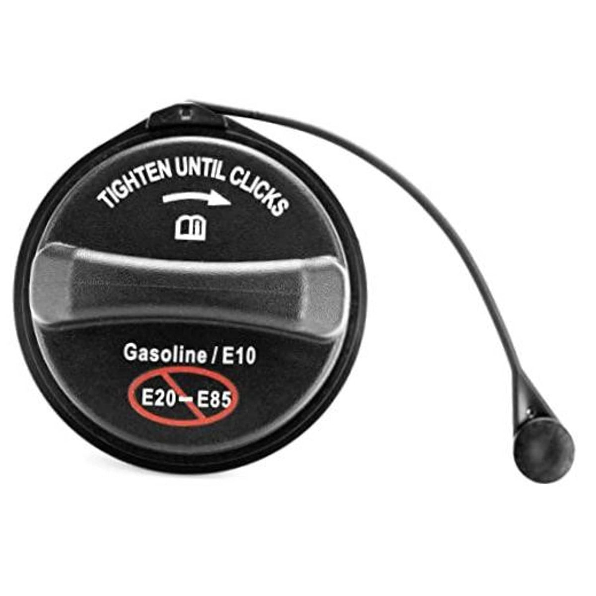 Black fuel gas cap with tether, “Gasoline/E10” and “E20–E85” markings